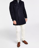 Men's Classic-Fit Navy Solid Double-Breasted Overcoat with Attached Bib