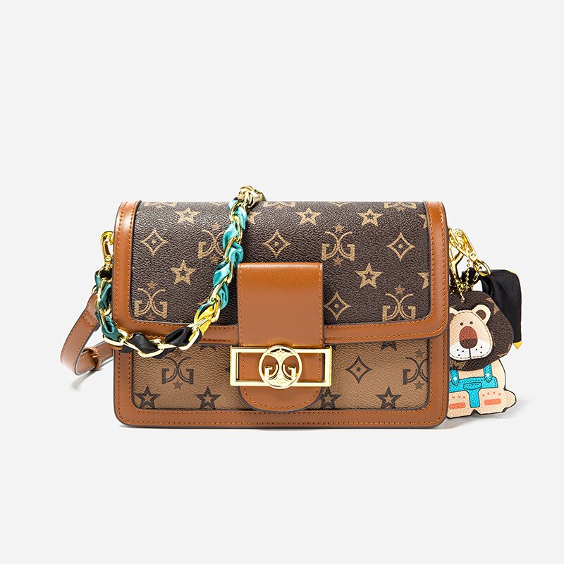 retro small square bag for women, shoulder strap with matching chain