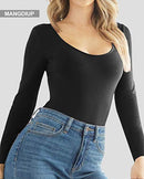 mangdiup women's scoop neck long sleeve basic bodysuits jumpsuits