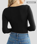 mangdiup women's scoop neck long sleeve basic bodysuits jumpsuits