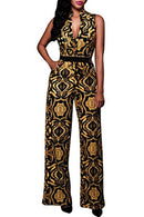 pink queen womens button up printed long wide leg pant party jumpsuits with belt