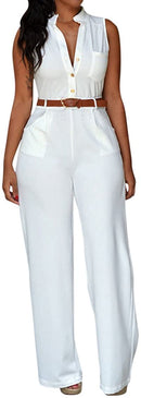 pink queen womens button up printed long wide leg pant party jumpsuits with belt