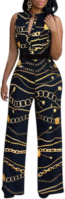 pink queen womens button up printed long wide leg pant party jumpsuits with belt