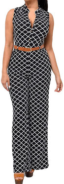 pink queen womens button up printed long wide leg pant party jumpsuits with belt