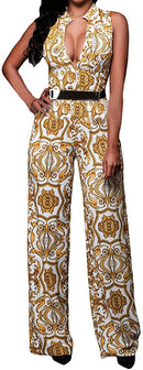 pink queen womens button up printed long wide leg pant party jumpsuits with belt