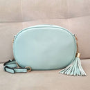 oval cross body women bags top quality lychee pattern pu leather tassel bag light blue