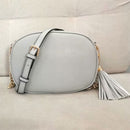 oval cross body women bags top quality lychee pattern pu leather tassel bag grey