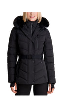 belt faux-fur trim hooded puffer coat