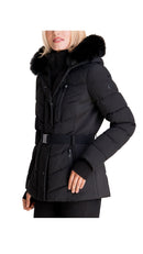 belt faux-fur trim hooded puffer coat